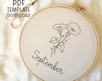Plantilla de patrón de bordado de flores de nacimiento de septiembre Patrones de bordado de septiembre Bordado de gloria de la mañana Bordado floral Descarga instantánea