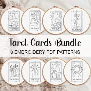 Tarot Card Embroidery Pattern BUNDLE, Psychic Hand Embroidery Patterns, Celestial Embroidery Patterns, Cat Embroidery Sun And Moon Pattern