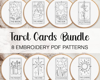 Tarot Card Embroidery Pattern BUNDLE, Psychic Hand Embroidery Patterns, Celestial Embroidery Patterns, Cat Embroidery Sun And Moon Pattern