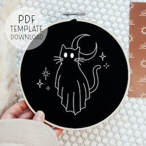 Ghost Cat Embroidery Pattern Download, Cute Halloween Cats Embroidery Art, Spooky Season Crafting, DIY Halloween Fall Crafts Goth Embroidery