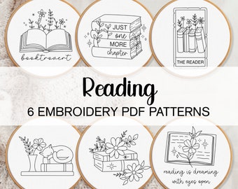 Reading Embroidery Patterns, Book Lover Embroidery Bundle, Reading Embroidery Bundle, Books Hand Embroidery, Cute Book Hand Embroidery PDF