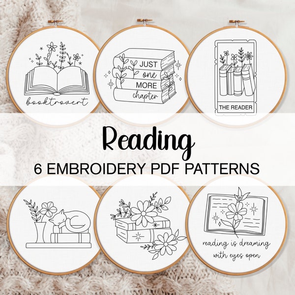 Reading Embroidery Patterns, Book Lover Embroidery Bundle, Reading Embroidery Bundle, Books Hand Embroidery, Cute Book Hand Embroidery PDF