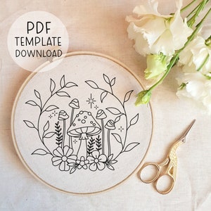 May include: Black and white line art embroidery pattern of mushrooms and flowers in a circle on a white fabric background. The pattern is for a hoop art project.