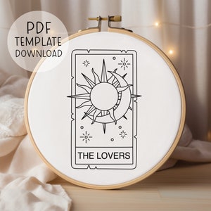 Los amantes Tarot tarjeta bordado patrón descargar, bordado de sol y luna, bordado celestial, patrón de bordado psíquico linda decoración de la luna