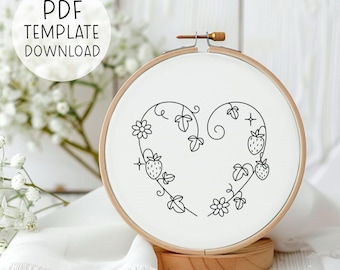 Strawberry Heart Hand Embroidery Pattern PDF, Cute Strawberry Decor DIY, Fruit Embroidery Design Strawberry Embroidery Kitchen Decor