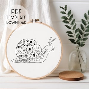 Floral Snail Embroidery Pattern Template - INSTANT PDF DOWNLOAD - Cute animal embroideries wall art.