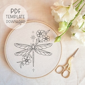 Nedladdning av broderimönster för feminin trollslända, insektsbroderidesign, estetisk dekoration av trollsländor, naturbroderi