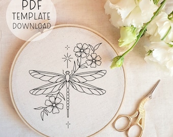 Feminine Dragonfly Embroidery Pattern Download, Insect Embroidery Design, Aesthetic Decor Dragonflies Embroidery Design, Nature Embroidery