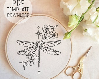 Feminine Dragonfly Embroidery Pattern Download, Insect Embroidery Design, Aesthetic Decor Dragonflies Embroidery Design, Nature Embroidery