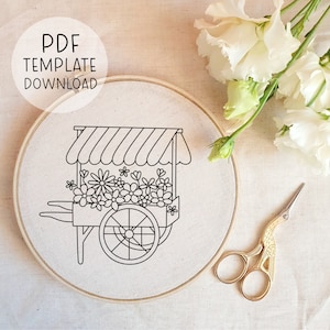 フラワーカート刺繍パターンの即時ダウンロード、刺繍用花柄、モダン刺繍PDFデザイン、大人向け工芸品
