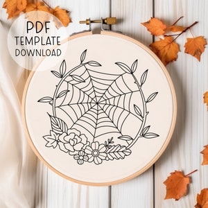 Fall Embroidery PDF Pattern, Halloween Floral Embroidery Art, Spooky Season Art, Cute Gothic Embroidery Spider&#39;s Web Hand Embroidery Pattern