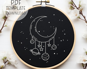宇宙の手刺繍パターン、宇宙刺繍、惑星刺繍デザイン、月刺繍、星刺繍
