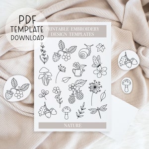 Printable Nature Embroidery Patterns Sheet, Strawberry Hand Embroidery, Snail Embroidery Patch Designs, Download For Stick And Stitch DIY
