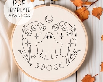 Detailed Spooky Embroidery Pattern Download, Skull Embroidery Halloween Pattern, Ghost Embroidery Spooky Cute Halloween Hand Embroidery