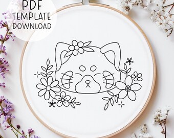 Padrão de bordado à mão de panda vermelho, padrão de bordado em ponto cruz de panda vermelho, download de bordado fofo, bordado de animais da floresta em PDF.
