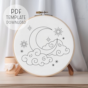 Clouds And Moon Embroidery Pattern Download, Celestial Embroidery, Moon And Stars Embroidery Pattern, Whimsical Embroidery, Easy Embroidery