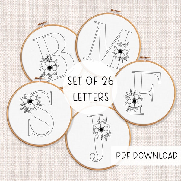 A-Z Floral Alphabet BUNDLE Embroidery Pattern Templates - INSTANT DOWNLOAD pdf - Flower letters modern embroideries.
