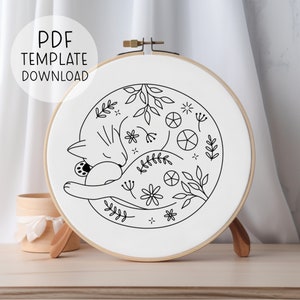 Floral Sleeping Cat Embroidery Pattern Template, Cute Cat Embroidery, Cat Lover Gift For Cat Lady, Crazy Cat Lady Modern Cat Embroideries image 1