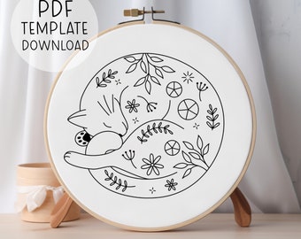 Floral Sleeping Cat Embroidery Pattern Template, Cute Cat Embroidery, Cat Lover Gift For Cat Lady, Crazy Cat Lady Modern Cat Embroideries
