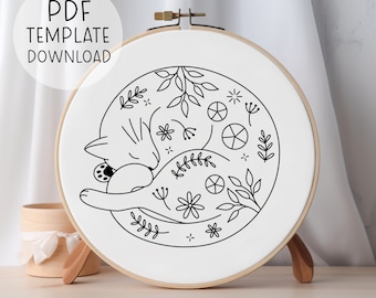 Floral Sleeping Cat Embroidery Pattern Template, Cute Cat Embroidery, Cat Lover Gift For Cat Lady, Crazy Cat Lady Modern Cat Embroideries