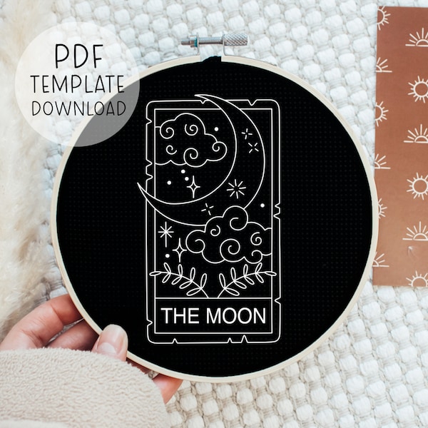 The Moon Tarot Card Embroidery Pattern Download, Mystic Embroidery, Mystical Embroidery, Psychic Embroidery Pattern Celestial Decor Handmade
