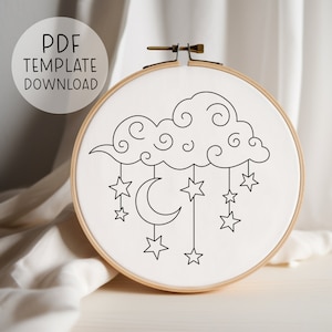 Cloud Embroidery Pattern Download, Celestial Embroidery, Moon And Stars Embroidery Pattern, Whimsical Embroidery, Easy Embroidery Pattern