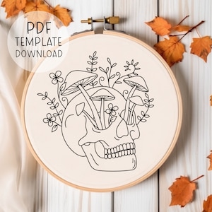 Skull Embroidery Pattern Download, Mushrooms Embroidery Art, Gothic Embroidery Spooky Season, Fall DIY Halloween Crafts, Goth Embroidery