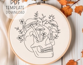 Skull Embroidery Pattern Download, Mushrooms Embroidery Art, Gothic Embroidery Spooky Season, Fall DIY Halloween Crafts, Goth Embroidery