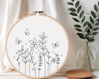Wildflowers And Butterflies Embroidery Pattern PDF, Butterfly Floral Embroidery Design Template, Beginner Flowers Hand Embroidery Design