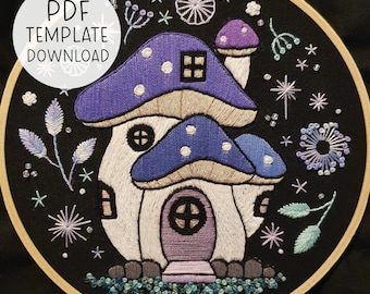 May include: Embroidered mushroom house with a purple door and white trim, surrounded by stars, flowers, and leaves on a black background.  PDF Template Download.