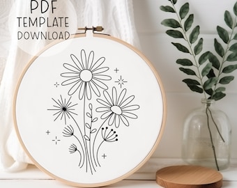 Daisy Embroidery Pattern Template Download, Beginner Embroidery Download, Embroidery Easy Wild Flowers Embroidery Nature Design