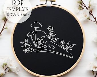 Raven Skull Embroidery Pattern, Mushrooms Embroidery Art, Gothic Embroidery Spooky Season Fall Goth Embroidery Bird Skull Embroidery Pattern