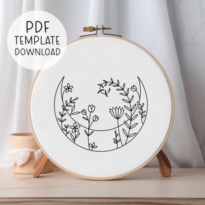 Leafy Crescent Moon Embroidery Pattern Download, Leaves Celestial Embroidery, Moon Hand Embroidery Pattern, Easy Embroidery PDF