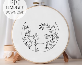 Leafy Crescent Moon Embroidery Pattern Download, Leaves Celestial Embroidery, Moon Hand Embroidery Pattern, Easy Embroidery PDF
