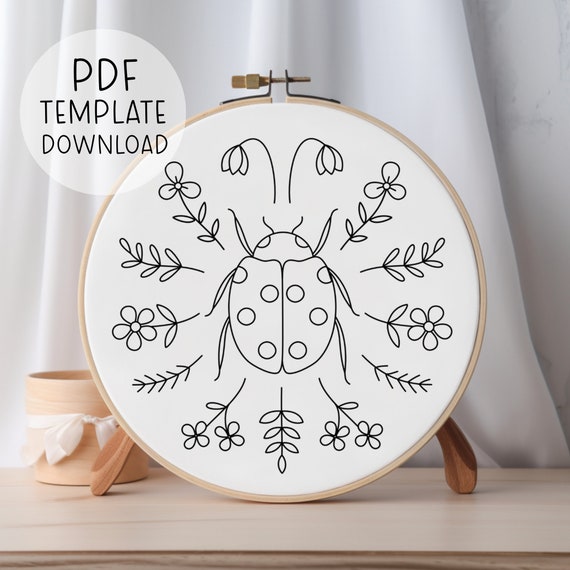 Ladybug Embroidery Pattern Download, Folk Embroidery Design, Aesthetic Insects Embroidery, Nature Embroidery Design Ladybird Embroidery