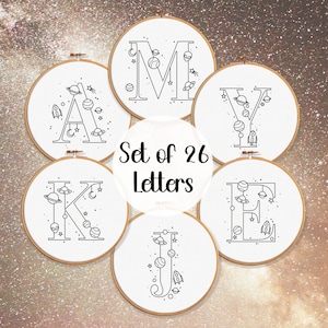 A-Z Space Alphabet BUNDLE Plantillas de patrones de bordado, 26 letras Galaxy Tema de bordado Patrón Universo Paquete de bordado Paquete cósmico