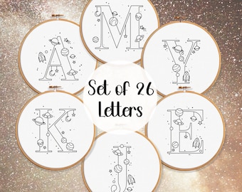 A-Z Space Alphabet BUNDLE Embroidery Pattern Templates, 26 Letters Galaxy Themed Embroidery Pattern Universe Embroidery Bundle Cosmic Bundle