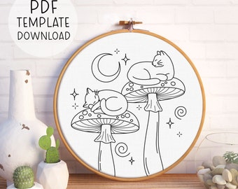 Cats And Mushrooms Embroidery Pattern, Cute Cat Embroidery Pattern PDF, Mushroom Embroidery Pattern, Mushroomcore Embroidery, Cute Mushrooms