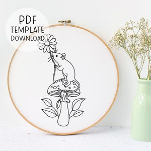 Mouse Mushroom Embroidery Pattern Design, Mouse Needlepoint Pattern, Woodsy Embroidery Download Woodland Embroidery, Cute Mouse Embroidery
