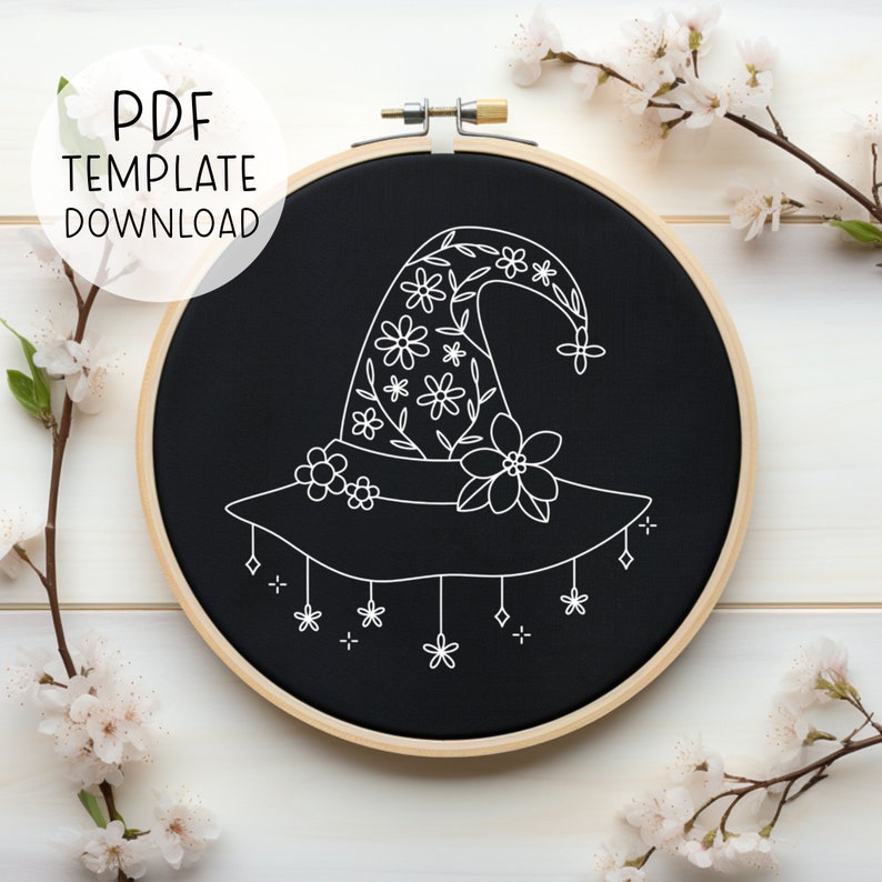 Flower Witch Hat Embroidery Pattern Download, Fall Embroidery Halloween