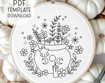 Cauldron Of Flowers Embroidery Pattern, Fall Embroidery Template, Witchy Hand Embroidery Designs, Witch Spell Embroidery Pattern