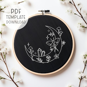 Magic Moon Embroidery Pattern Download, Witchy Celestial Embroidery, Moth Hand Embroidery Pattern, Whimsical Embroidery Cute Pattern