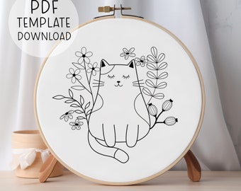 Modello di ricamo per principianti per amante dei gatti, modello di ricamo di gatto PDF, disegno di ricamo semplice, modello di ricamo di gattini carini
