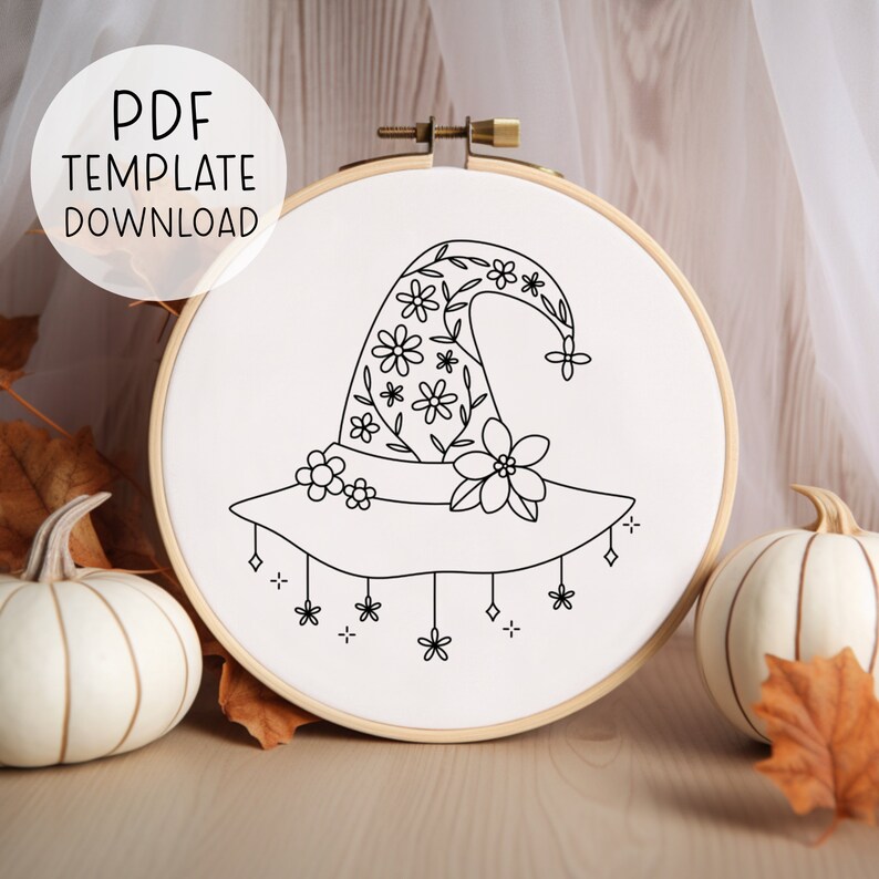Flower Witch Hat Embroidery Pattern Download, Fall Embroidery Halloween