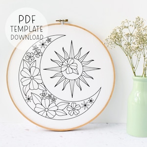 Floral Sun And Moon Embroidery Pattern PDF Download, Moon and Sun Embroidery Pattern, Modern Embroidery Design Celestial Embroidery Download