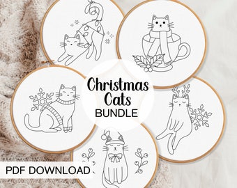 May include: A set of five embroidery patterns featuring cute cats in various Christmas-themed poses. The patterns are titled "Christmas Cats Bundle" and are available for PDF download.
