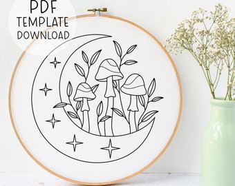 Mystical Moon Embroidery Pattern PDF, Mushroom Embroidery Design, Mushroomcore Embroidery Pattern, Aesthetic Embroidery Downloadable Pattern