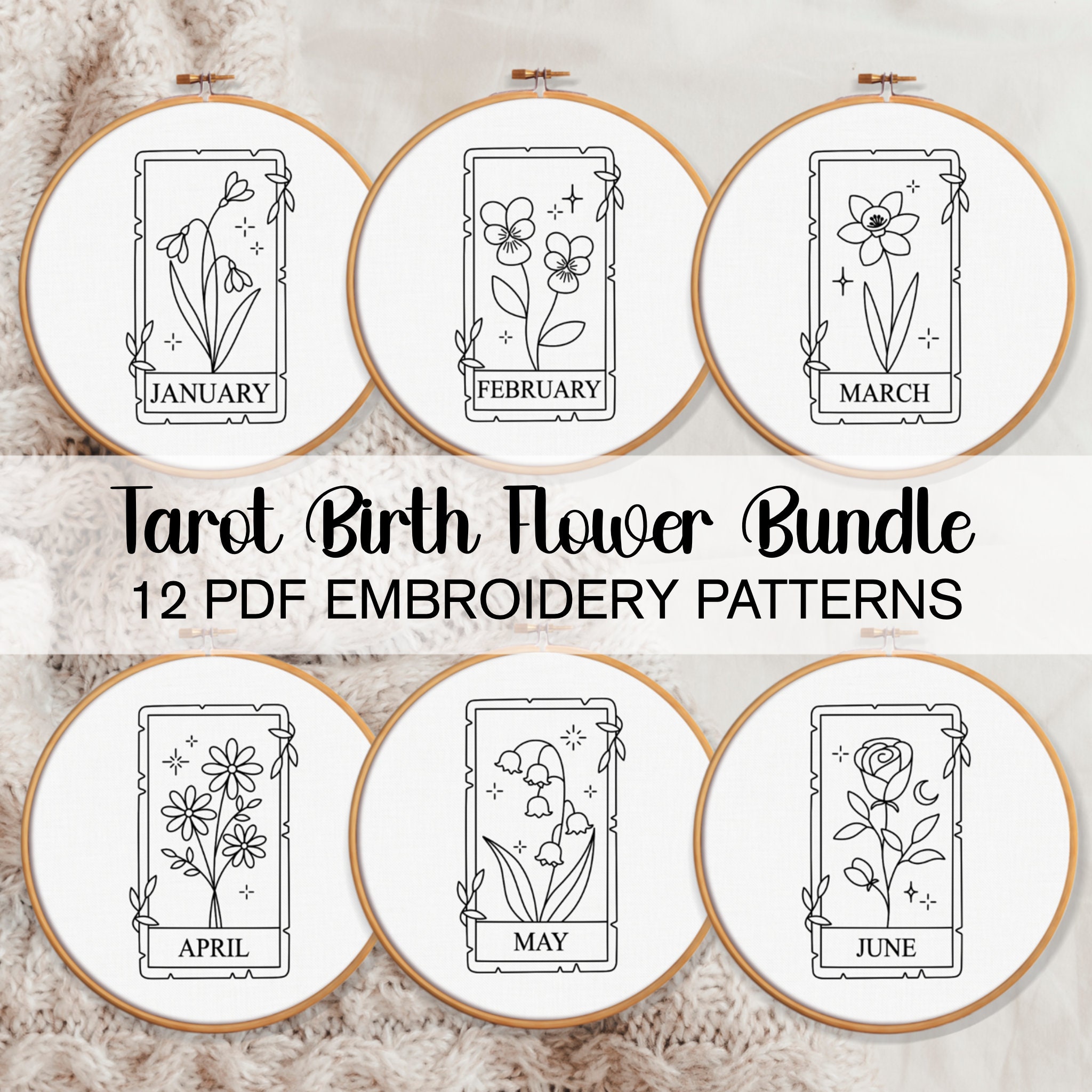 Tarot Birth Flower Embroidery Pattern BUNDLE, Birth Hand Embroidery ...