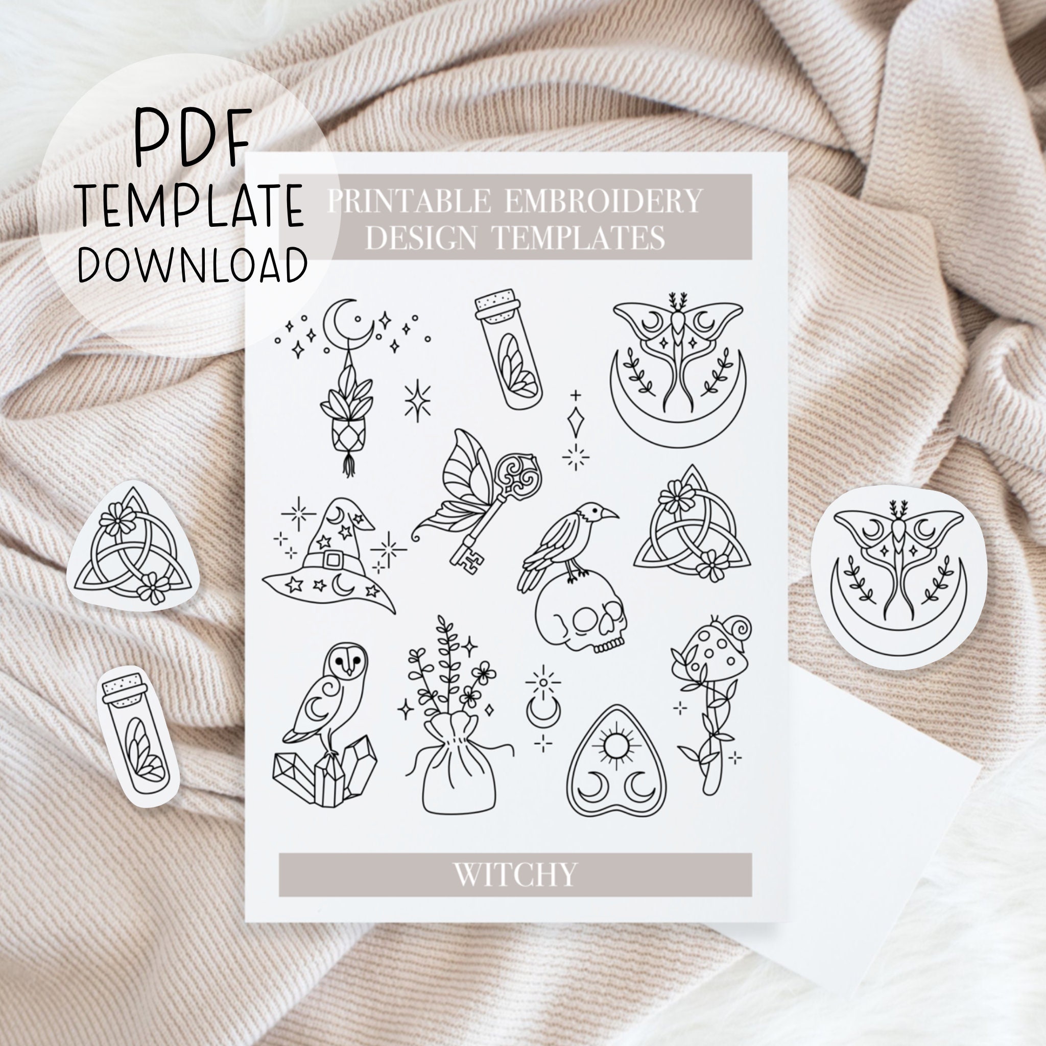 Printable Witchy Embroidery Patterns Sheet, Witch Hand Embroidery, DIY Embroidery Patch Designs, Download For Stick And Stitch DIY