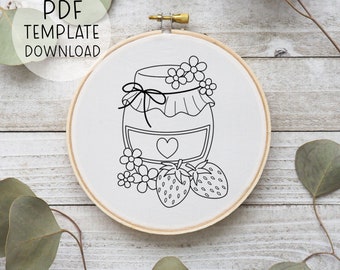 Patrón de bordado de mermelada de fresa, bordado de gelatina, lindo patrón de punta de aguja de fresa PDF, patrón de bordado de fresas, decoración de cocina